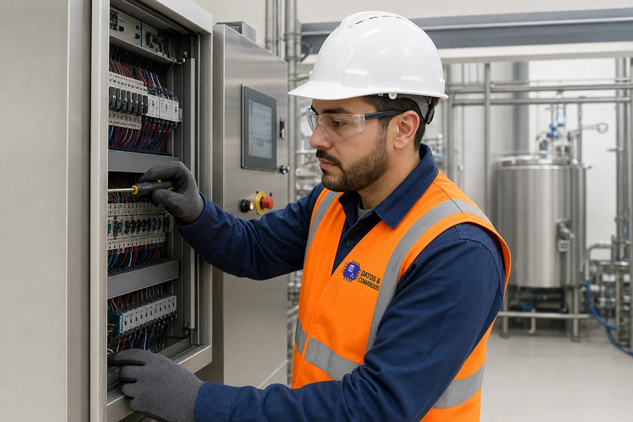 Técnico con chaleco naranja, manga larga y logo Datos & Comandos en tablero de control en planta