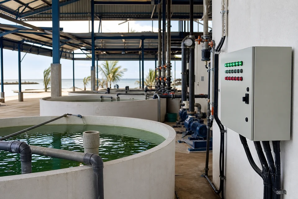 Planta acuícola con tanques de proceso, bombeo y tablero de control local