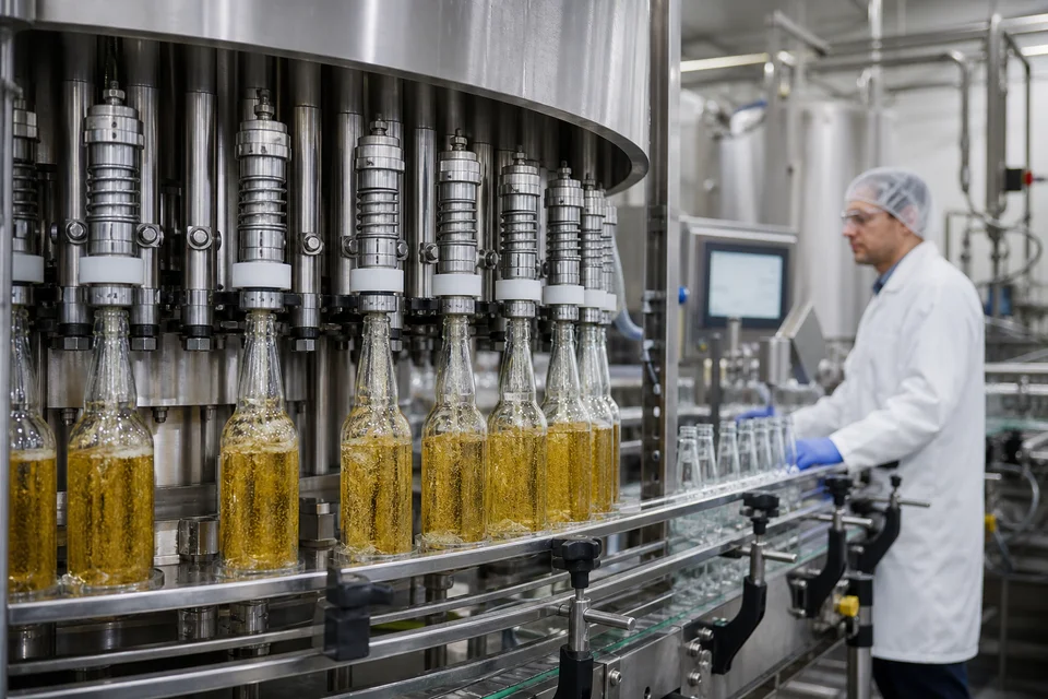 Operador supervisando llenadora rotativa en planta embotelladora de bebidas