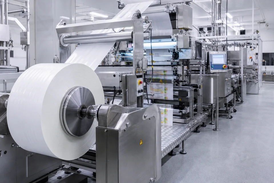 Línea de empaque flexible con bobinadora e impresión en ambiente higiénico alimentario