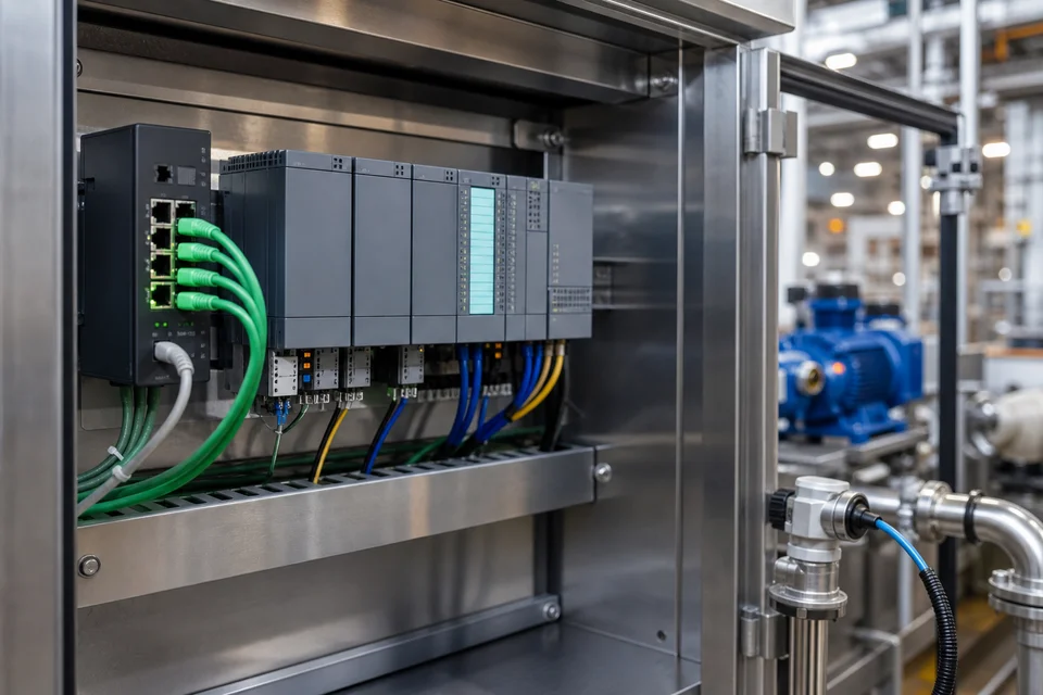 Rack de PLC industrial conectado a switch de red y sensores — convergencia OT e IT en campo