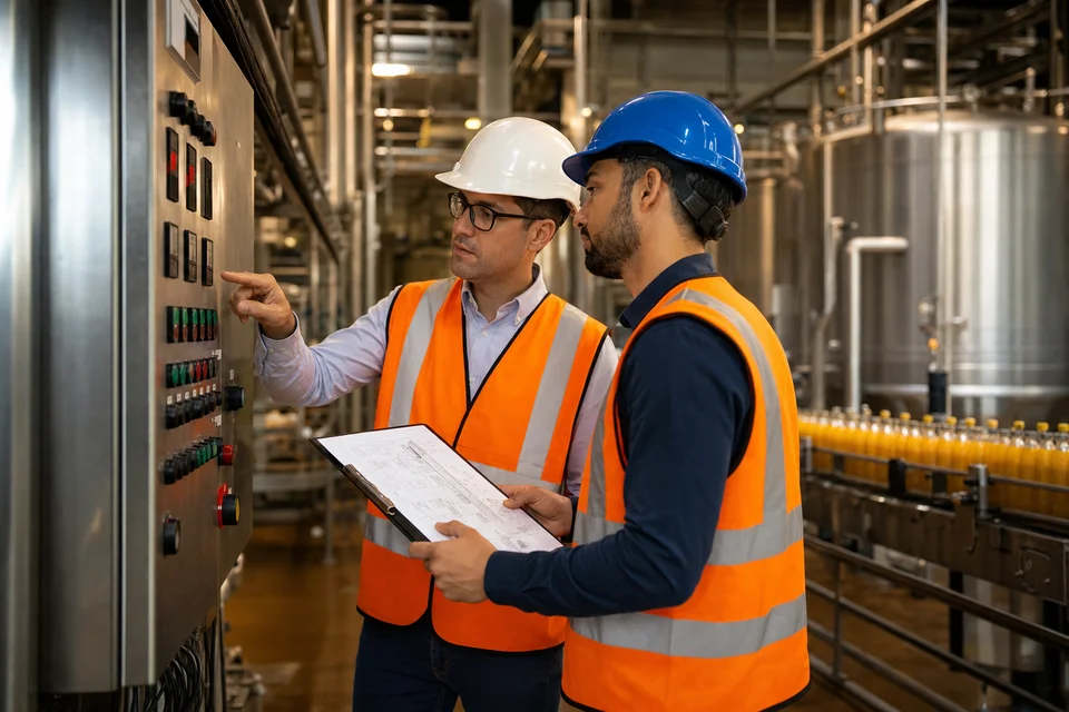 Ingenieros en planta alimentaria revisando tablero y diagrama de proceso en piso de producción