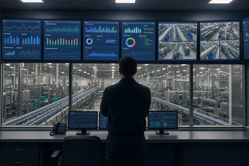 Sala de operaciones con múltiples pantallas mostrando KPIs de planta y líneas en tiempo real