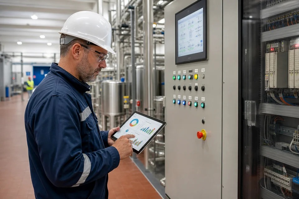 Proceso acuícola con automatización y datos de planta