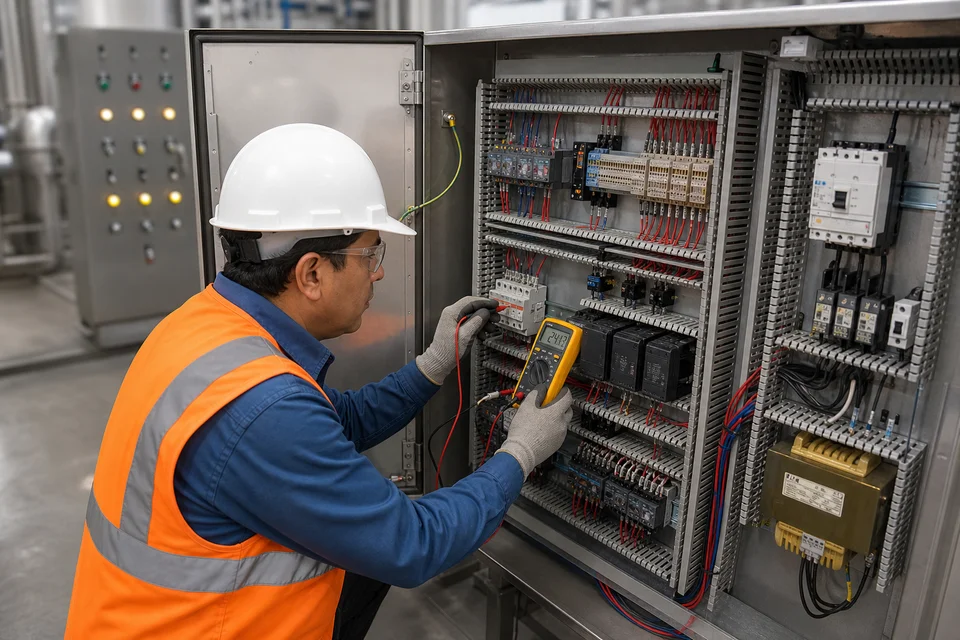 Técnico diagnosticando falla en interior de tablero con multímetro — terminal blocks y contactores; botonera con FAULT al fondo