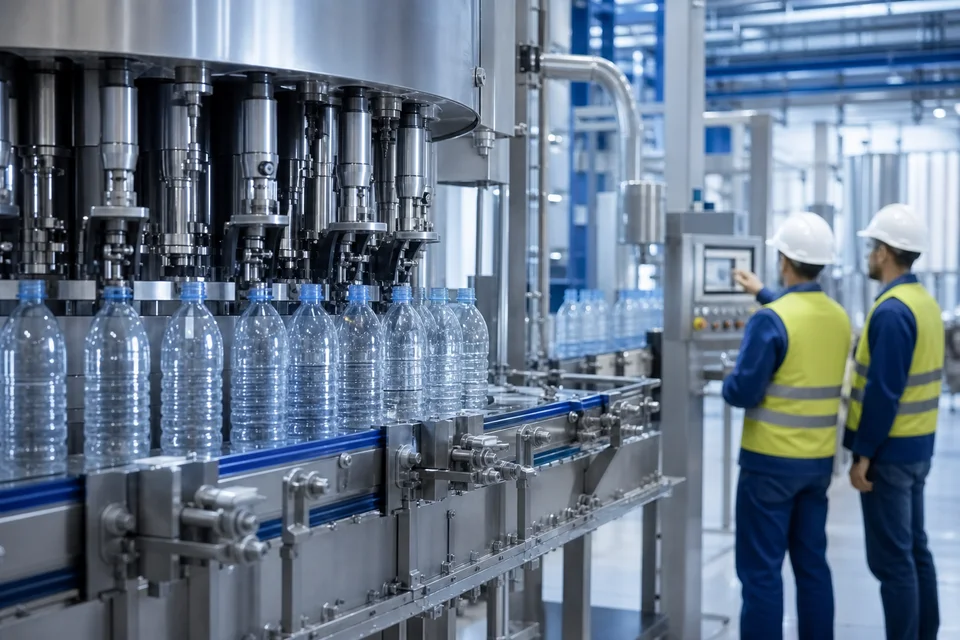 Válvulas y llenado en integración de línea Krones en planta industrial