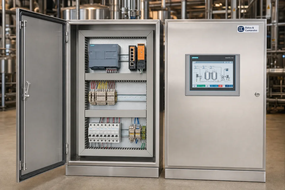 Tablero abierto con PLC Siemens S7 y tablero cerrado contiguo con pantalla HMI — instalación industrial