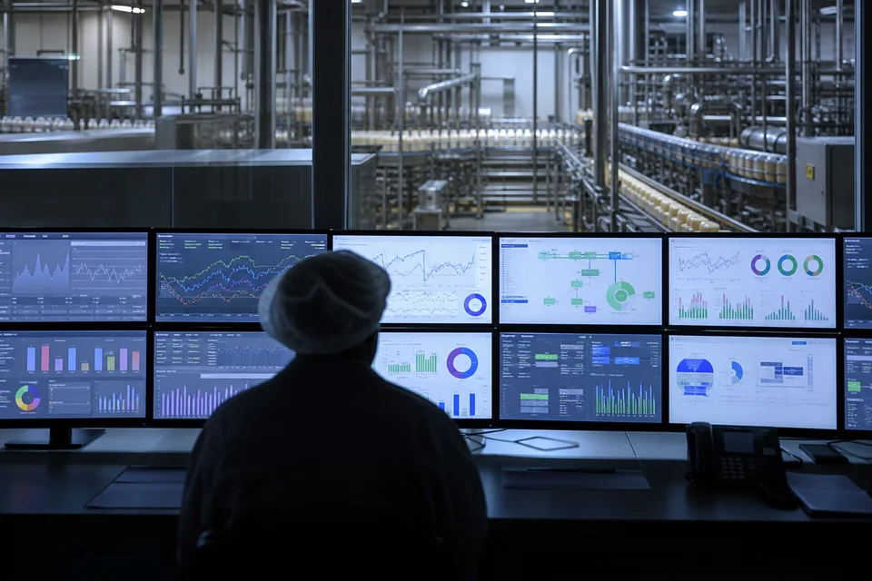 Operador en sala de control con pantallas SCADA de supervisión de planta