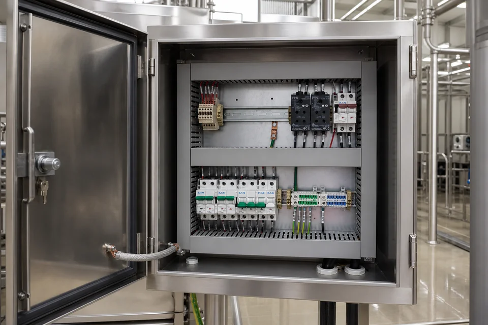 Tablero de control eléctrico en acero inoxidable con protecciones Eaton y cableado ordenado